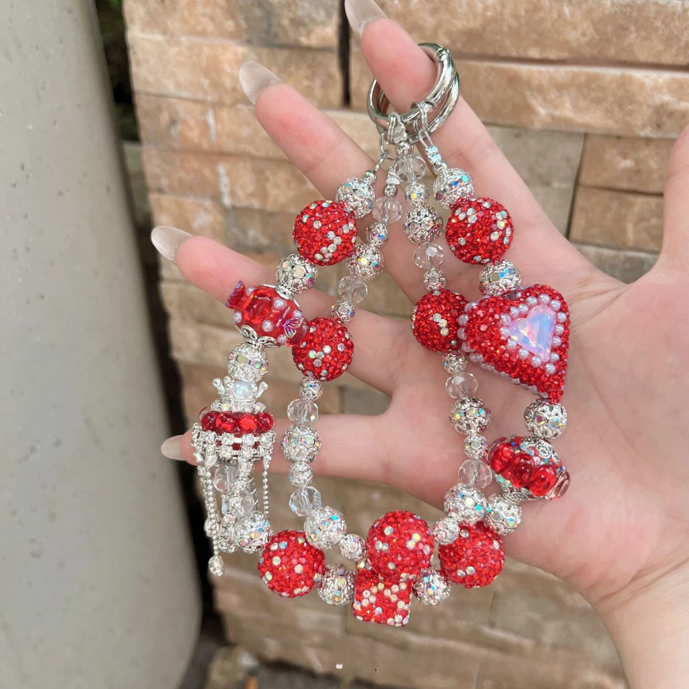 Stilvolle, zarte, doppellagige, mit Perlen eingelegte Strasssteine, Handy-Anhänger-Kette für Handy, Tasche und Schlüsselanhänger