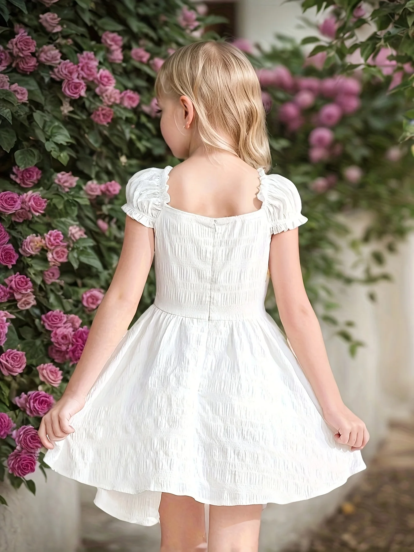 Girl's Summer 7-14Y White Square Neck Puff Sleeve Smocked Flared A-Line Dress for Daily School Party Outdoor Play Casual Sweet