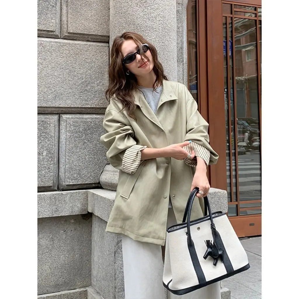 The Mind-Chaqueta de piel sintética para mujer, prendas de vestir exteriores de longitud media y sensación holgada, nuevo estilo T5383Q, abrigo informal de moda