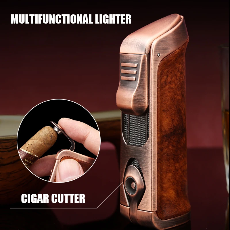 

Honest Three Blue Flame Cigar Inflatable Lighter Cigar Cutter Design Pull Down Ignition Adjustable Flame Size Ignition Tool