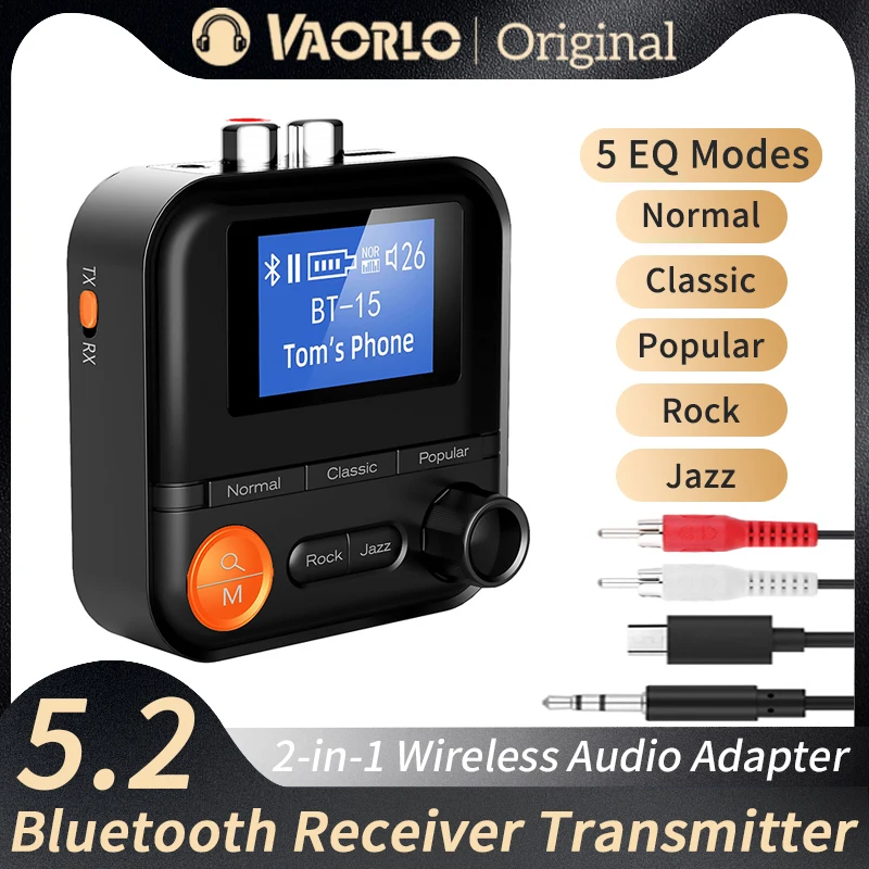 Receptor transmisor inalámbrico con Bluetooth, Adaptador de Audio con 5 modos EQ, 3,5 MM, AUX, RCA, TF, pantalla HD, para PC, TV, altavoces de coche, 2 en 1