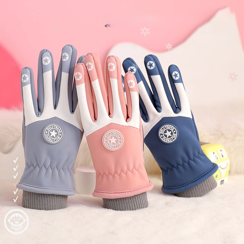 Children Skiing Cycling Gloves Warm Winter Boy Girl Fleece Roundel Thick Anti-Slip Kids Cute Soft Waterproof Motorcyclist Gloves