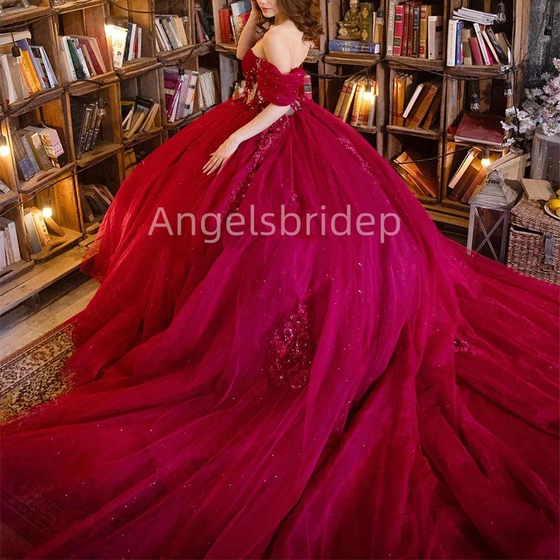 Angelsbride Long Train Burgundy Ball Gown 15 Year Old Quinnceanera Dress Crystals Off Shoulder Sweet 16 Vestidos De Fiesta