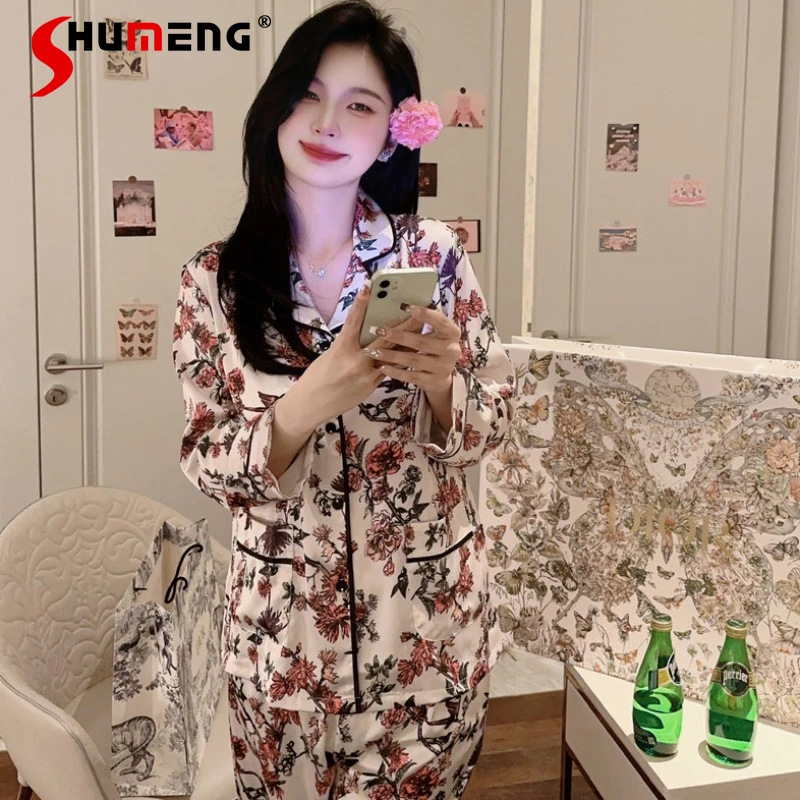 

Printed Luxury Silk Homewear Pajamas Women High End Two Piece Sleep Set Female Japanese Style Sweet Loose Loungewear