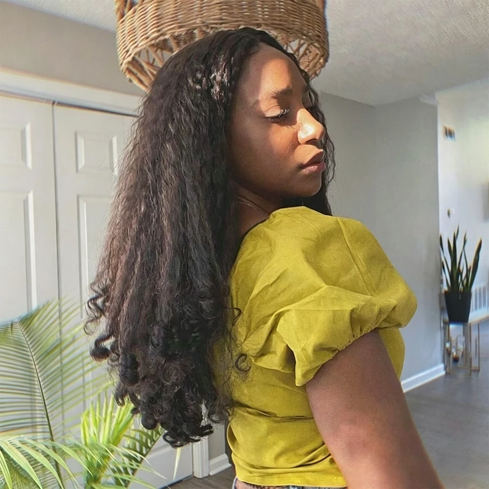 Kinky Straight Burmese V Part Kinky Curly Wig Glueless None Lace Wig Wear And Go Yaki Straight With Spiral Curly End For Women