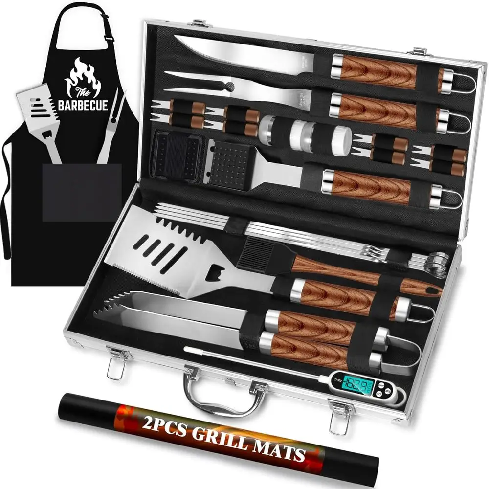 26pcs Grilling Gifts for Men, Dad Gifts, Stainless Steel BBQ Grill Accessories Tools Set, Heavy Duty BBQ Utensils Kit with Apron