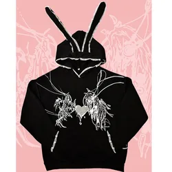 Pull à manches longues en dentelle avec oreilles de lapin pour femme, sweats à capuche punk PVD, streetwear noir Harajuku, Y2k