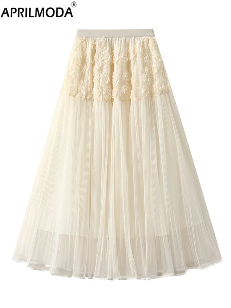 

2025 French Style Flower Mesh Tutu Tulle Midi Long Women's Skirt Fashion Elastic High Waist A Line Umbrella Pleated Party Skirts
