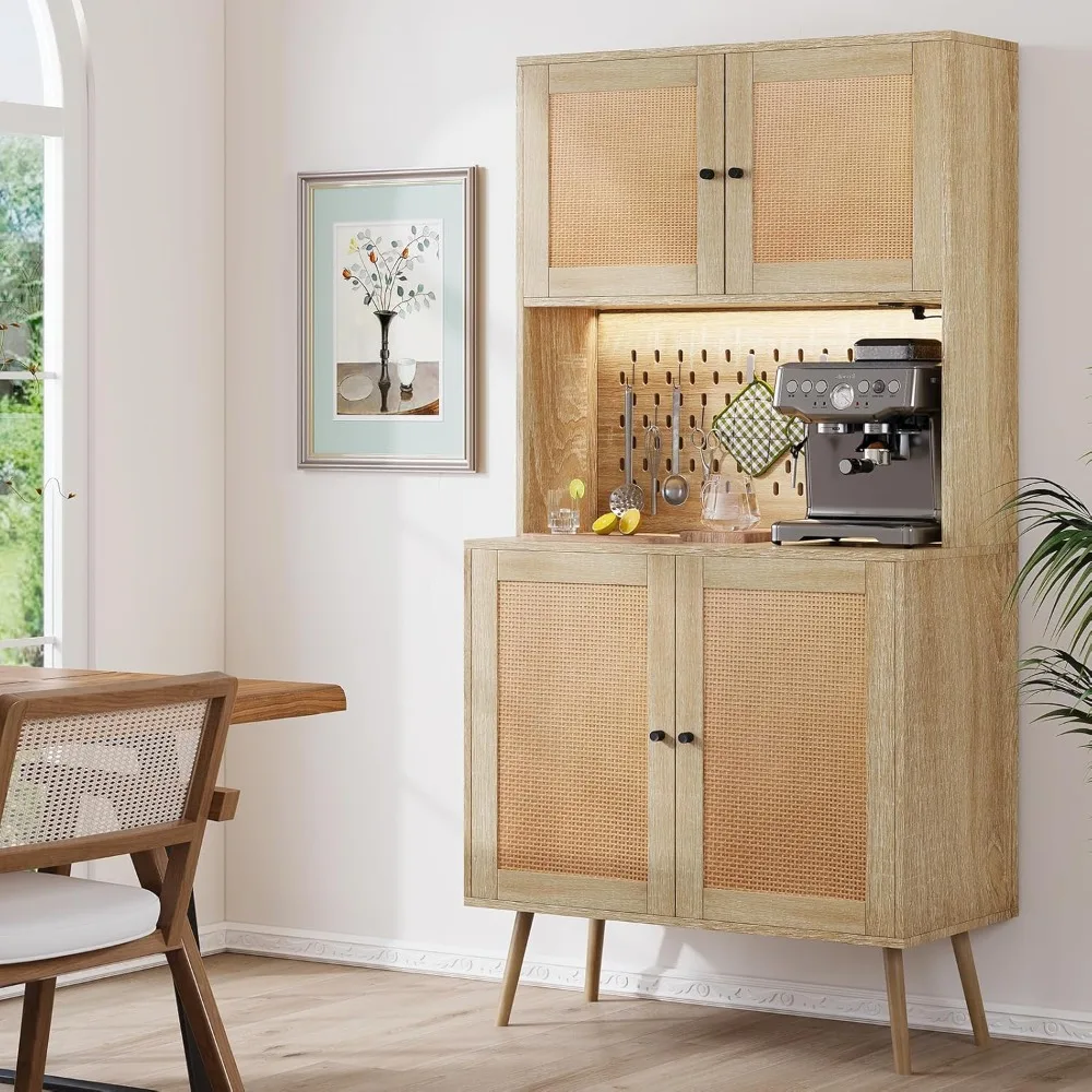 

Rattan Kitchen Pantry Storage Cabinet with Power Outlets, LED Lights, Pegboard - 62.6" Tall Hutch Sideboard Buffet Cabinet