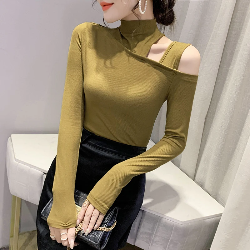 เสื้อยืดแขนยาวเซ็กซี่โชว์ไหล่ทรงเข้ารูป คอสูง สไตล์สตรีทแฟชั่น สำหรับฤดูใบไม้ร่วง หลากสี