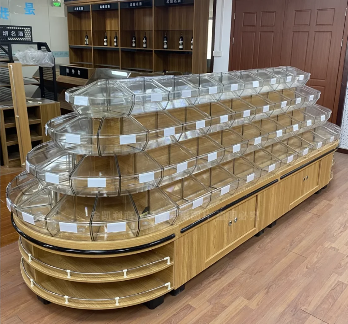 Wooden bulk food display cabinets Bulk snack shelves like the spread of candy cookies circular display cabinets white