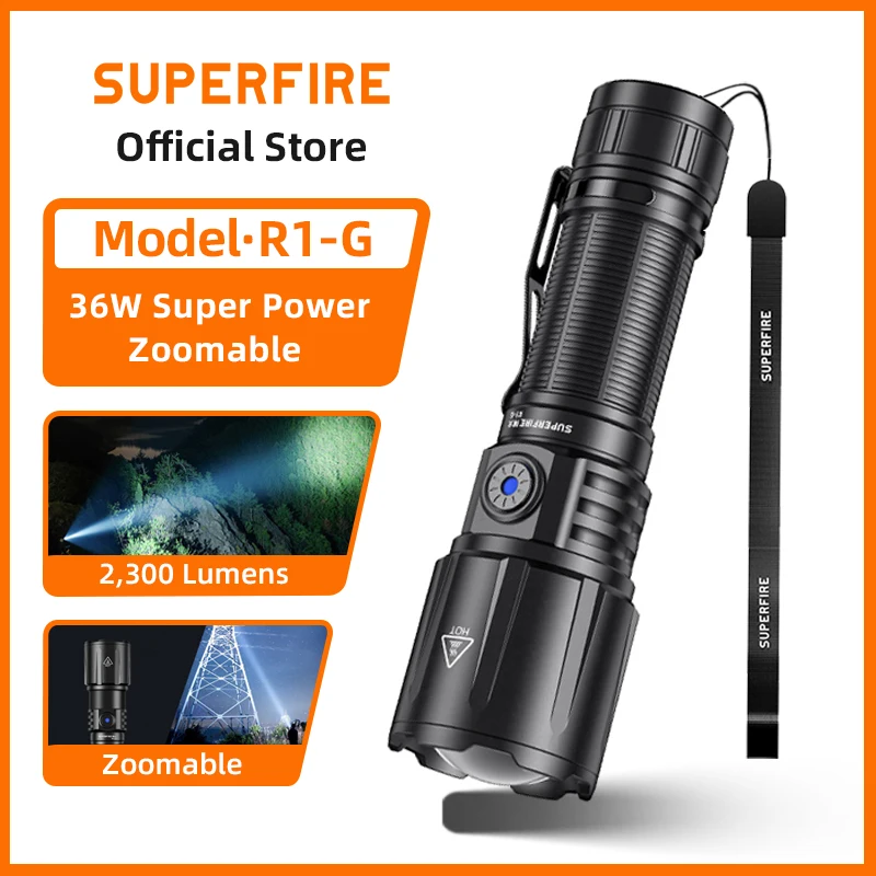 2025 SUPERFIRE R1-G High Lumens Flashlight 2300LM Zoomable Torch Type-C Rechargeable 5200mAh Battery For Outdoor Camping Lantern