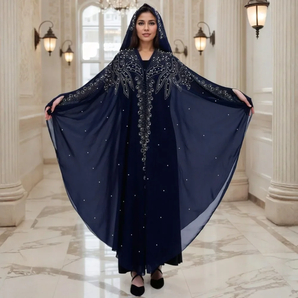 Heißer Verkauf Hot Diamond Bead Robe Muslim Schal mit Kapuze Cape Kleid Fledermausärmel
