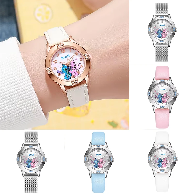 ديزني غرزة فتاة الساعات الماس كوارتز ساعة أنيمي غرزة لطيف الكرتون الجلود المعصم موضة حزام ناقل من الفولاذ ساعة طفل فتاة هدية #1