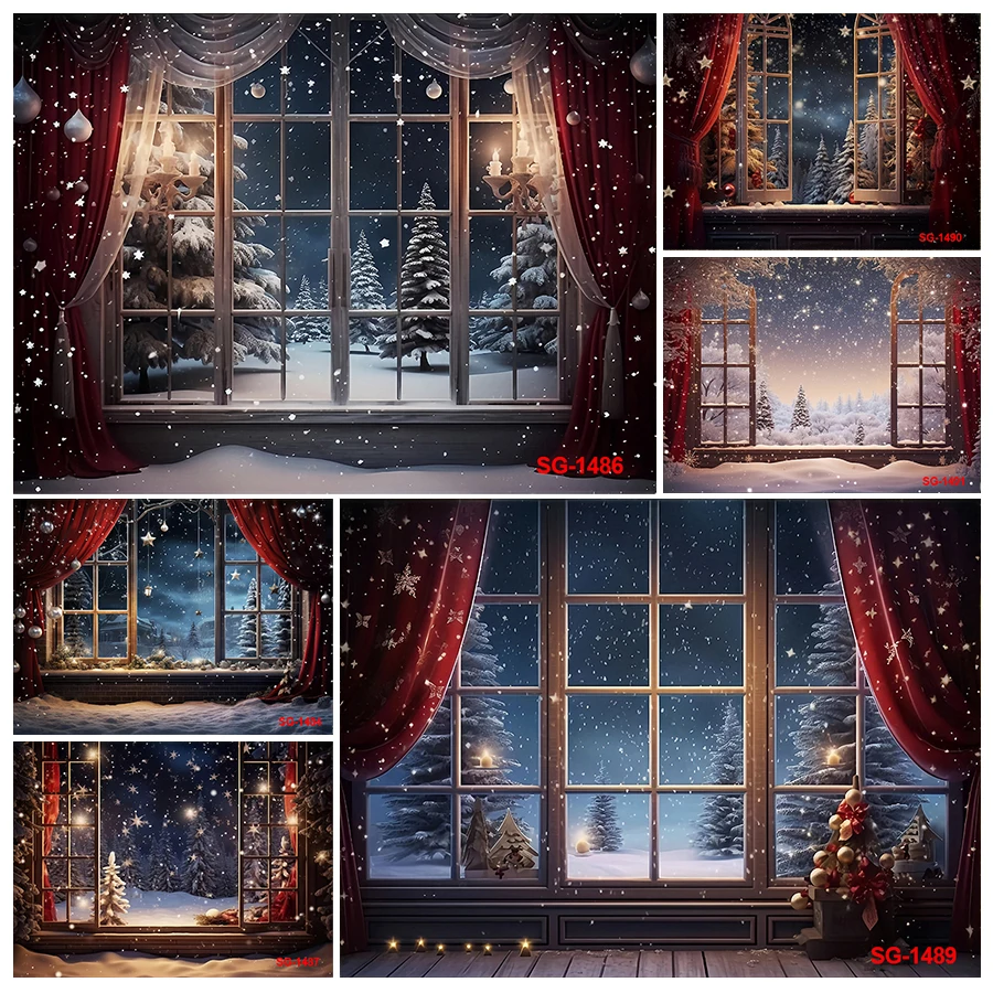 사진 배경 창 밤 크리스마스 소나무 장식, 가족 휴일 파티, 겨울 별 배경, 사진 스튜디오