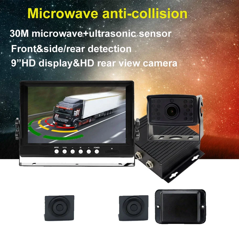 30M Detection Range Millimeter Wave Microwave Parking radar Kit, Anti-collision radar System with 9inch Display, Rear Camera