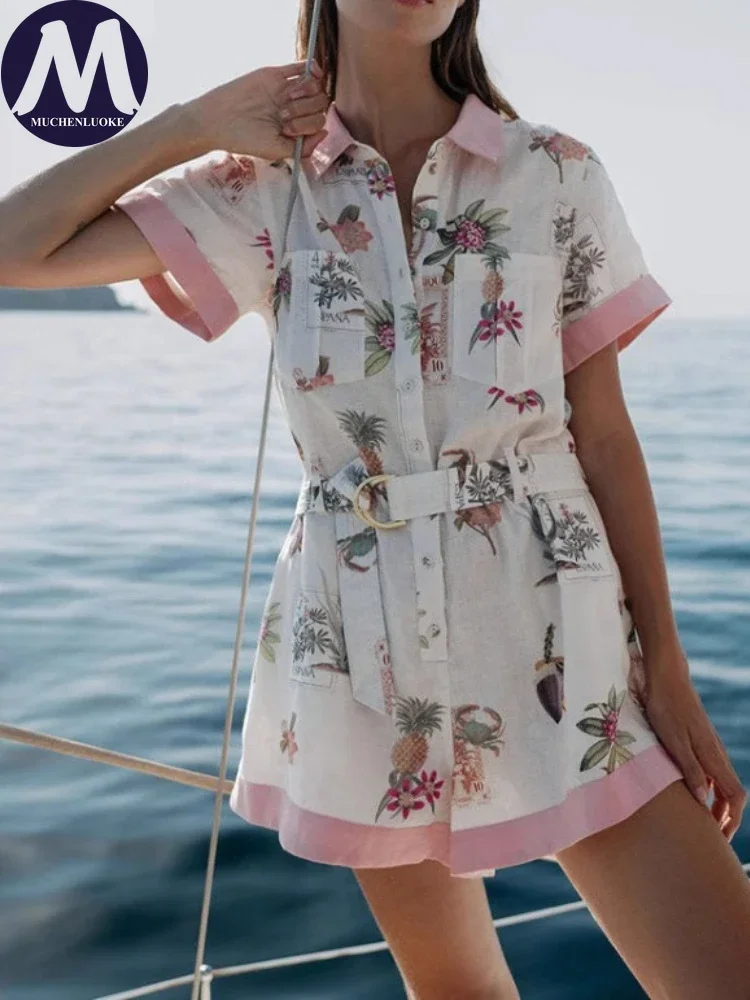 

Women's Summer Printed Jumpsuit Casual Loose Fit with Half Sleeve Lapel Shirt And Fashionable Belted Shorts Outfit