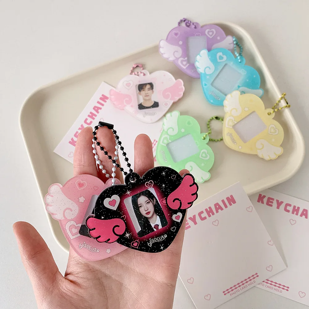 With Keychain Mini Photocard Holder Acrylic Card Cover Love Heart Wing Pendant ID Photo Photocard Frame Picture