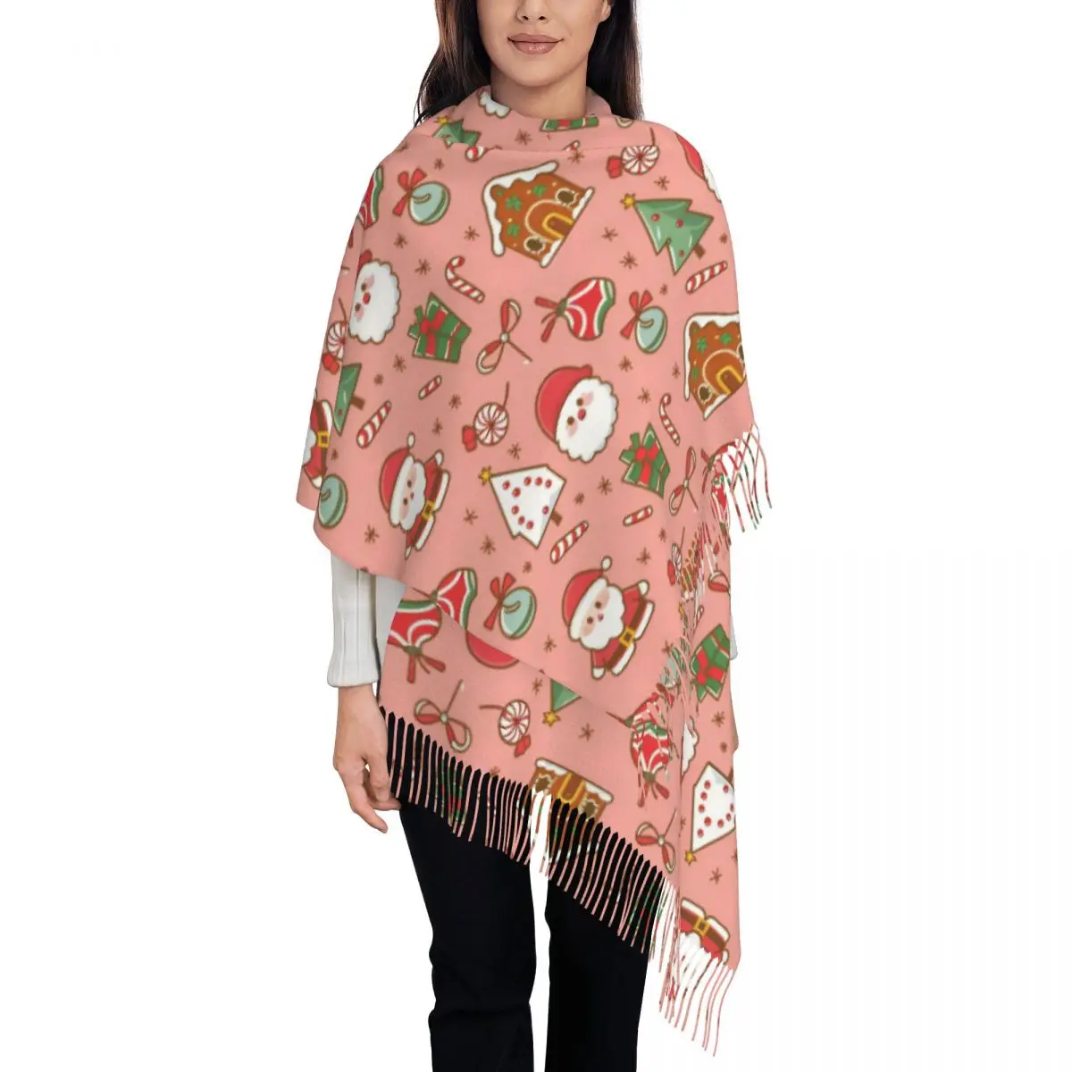 Womens Tassel Scarf Merry Christmas Santa Claus Single-sided Pattern Super Soft Shawl Wrap New Year Gifts Pashmina Scarves