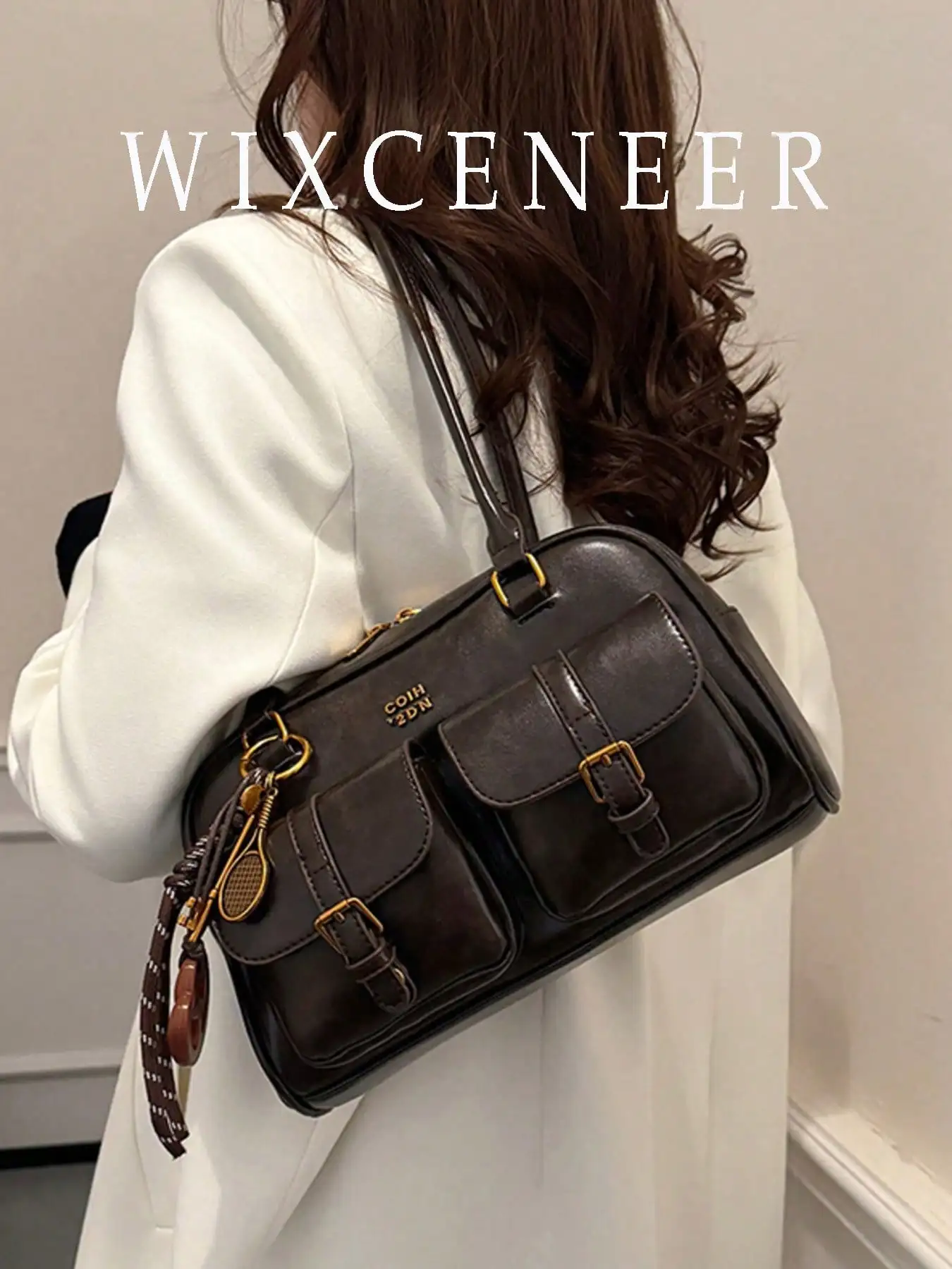 

Women's Vintage-Style PU Leather Shoulder Bag with Multi-Pockets and Detachable Charm