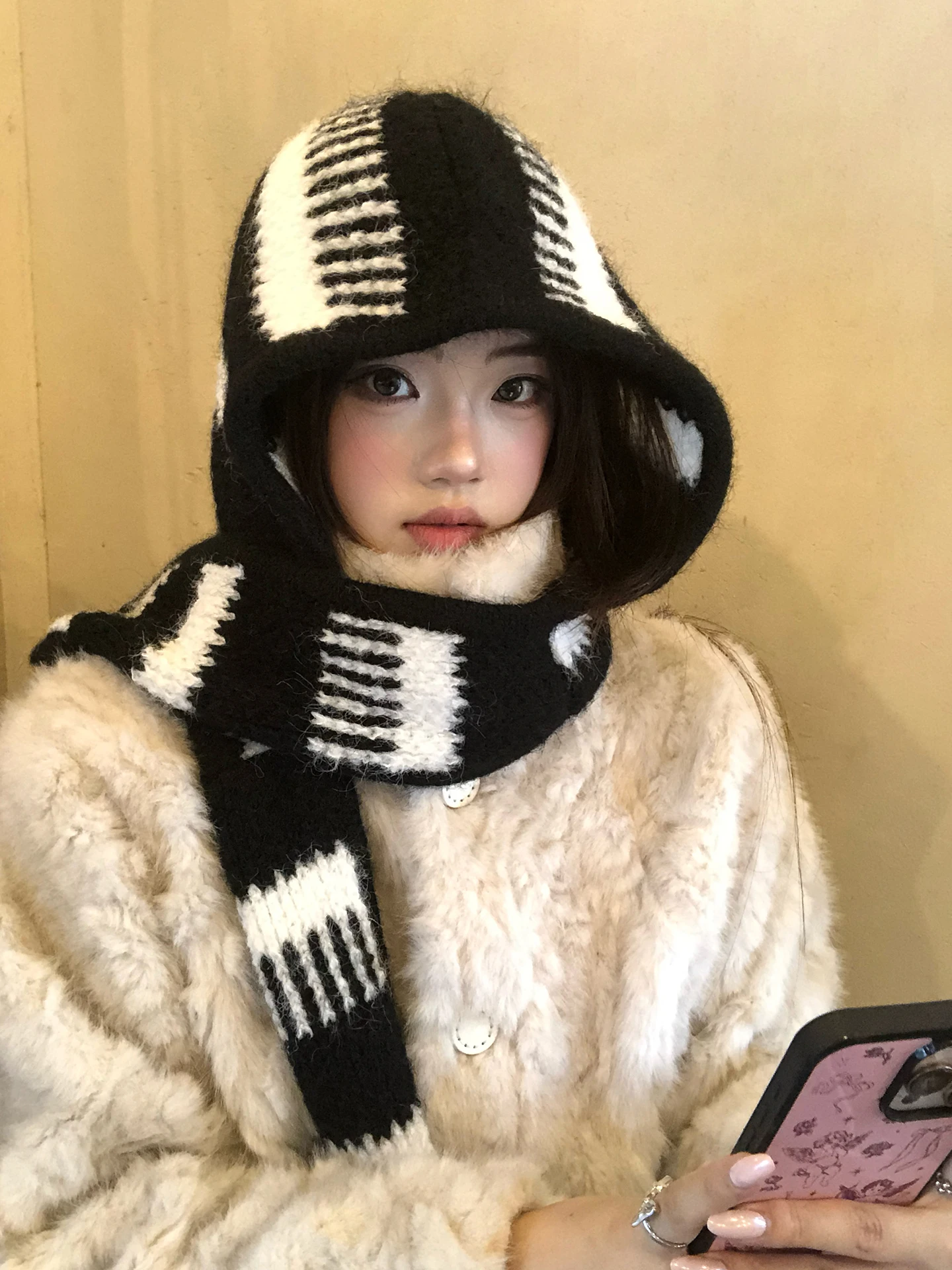 Korean Style Women's Knitted Balaclava Cap Autumn Winter Warmth Cold Resistant Scarf Hat Integrated Warm Stripe Design Hat