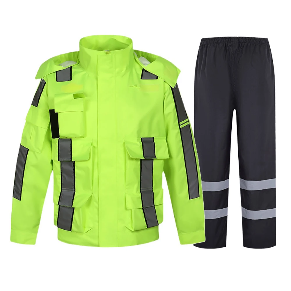 

Reflective Safety Jacket High Visibility Raincoat and Rain Pants Set Split Style Rain Suit Waterproof Windproof Work Clothes