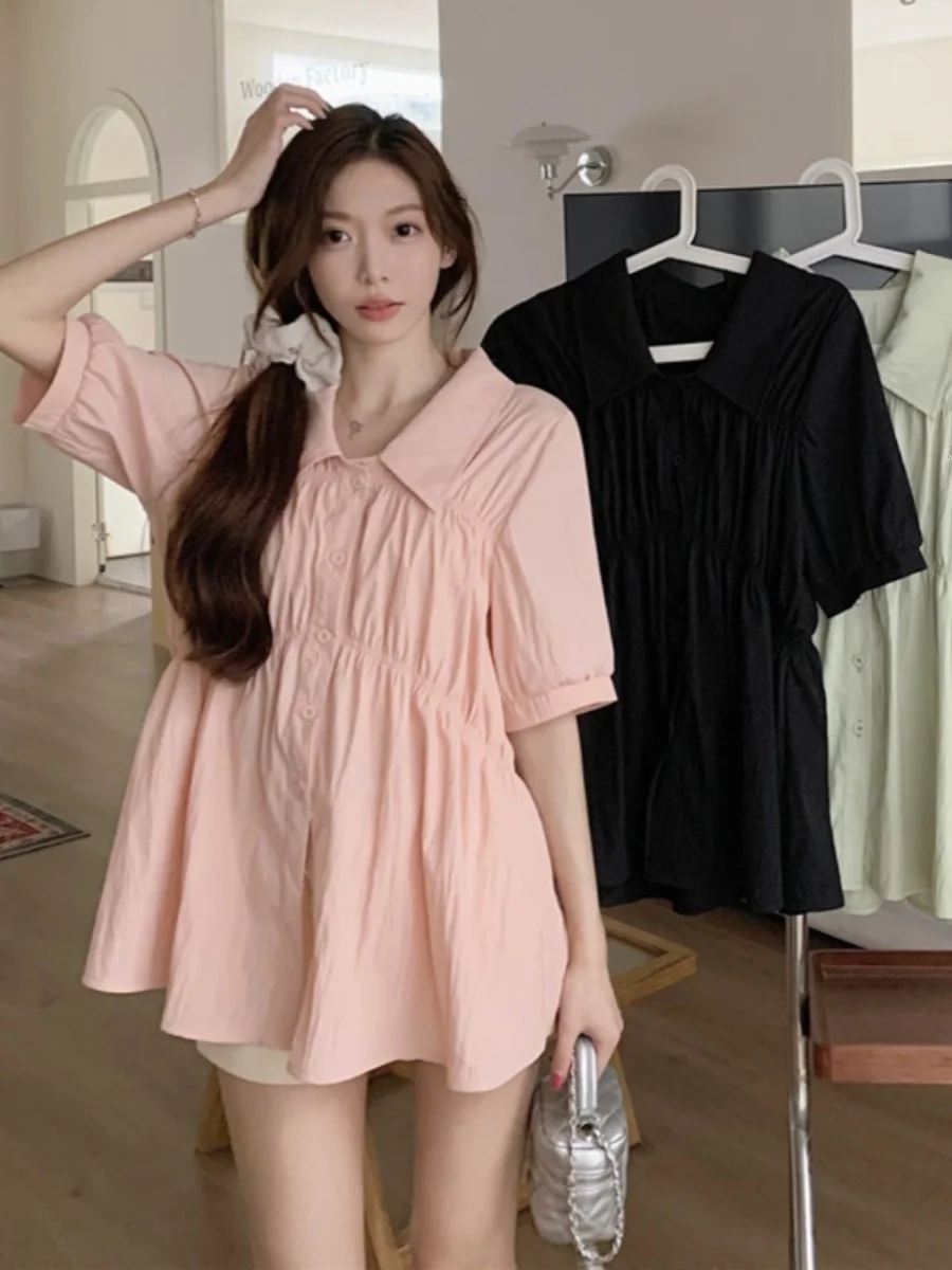

plus Size Summer Shirt Women's Puff Sleeve Blouse Belly Covering Waist Slimming Short Sleeve Neck Composite Fabric Shirt