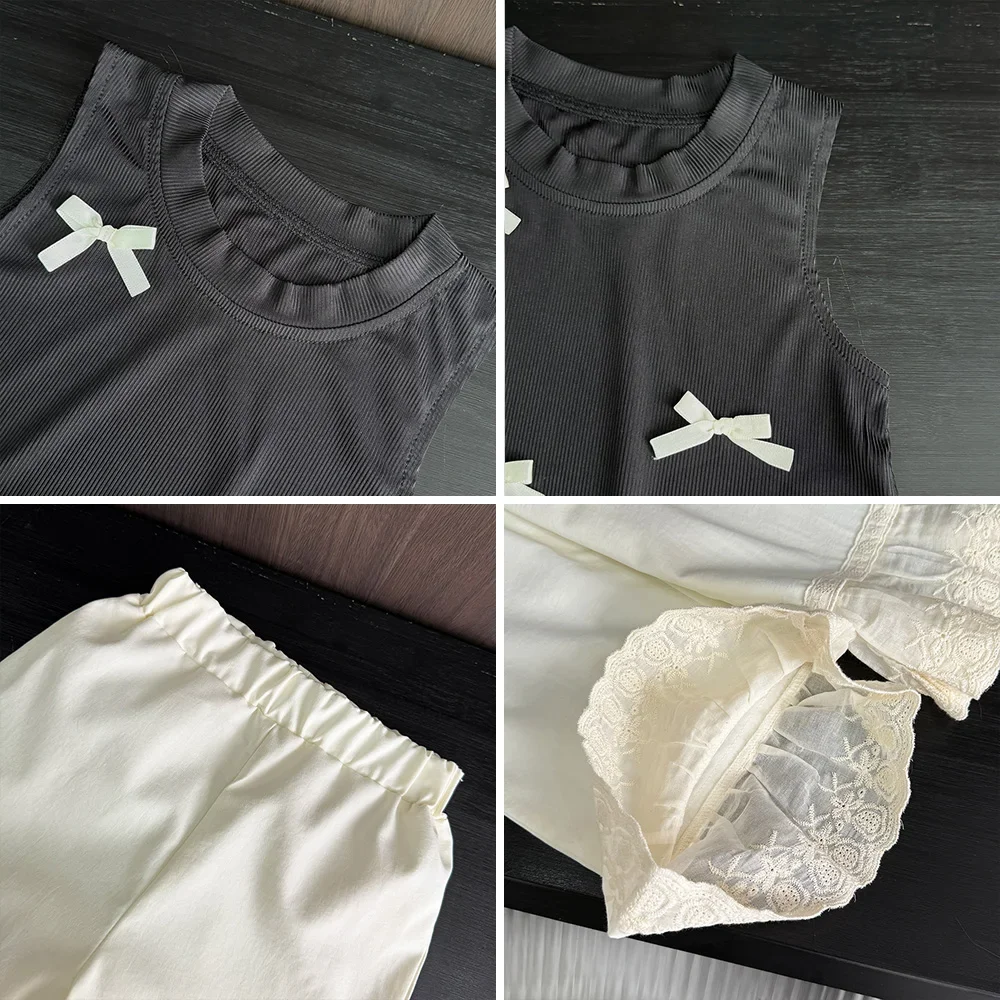 Bear Leader Korean Casual Children's Set Bow Decoration Black Sleeveless Vest+Pants Two-piece Set Lace Stitching Girls Clothes image 6
