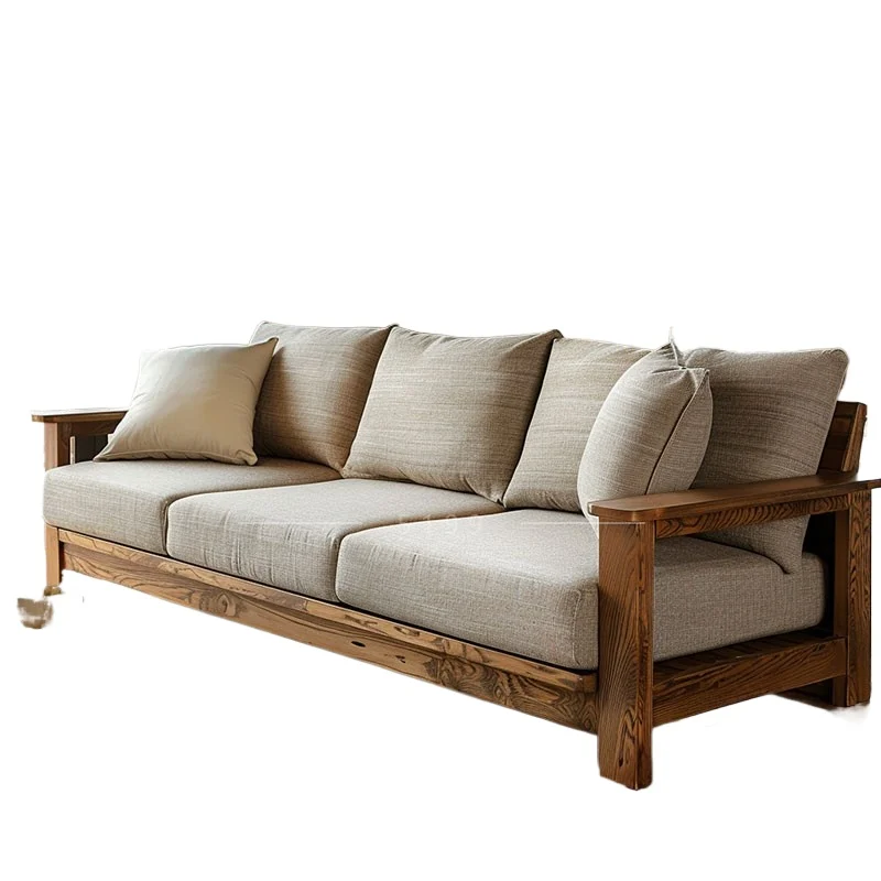 

Chinese solid wood sofa three-person wooden sofa meeting room small apartment living room simple wooden sofa