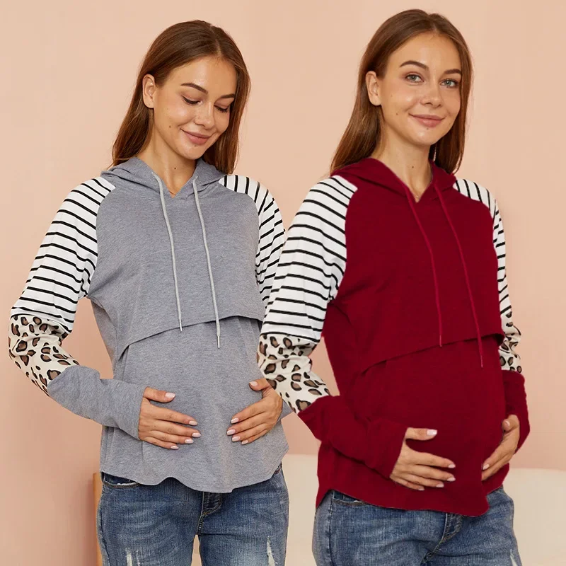 New Maternity Sweatshirt Women Nursing  Long Sleeves Hooded Color Matching Hoodie Pregnant   Sleeve  Top