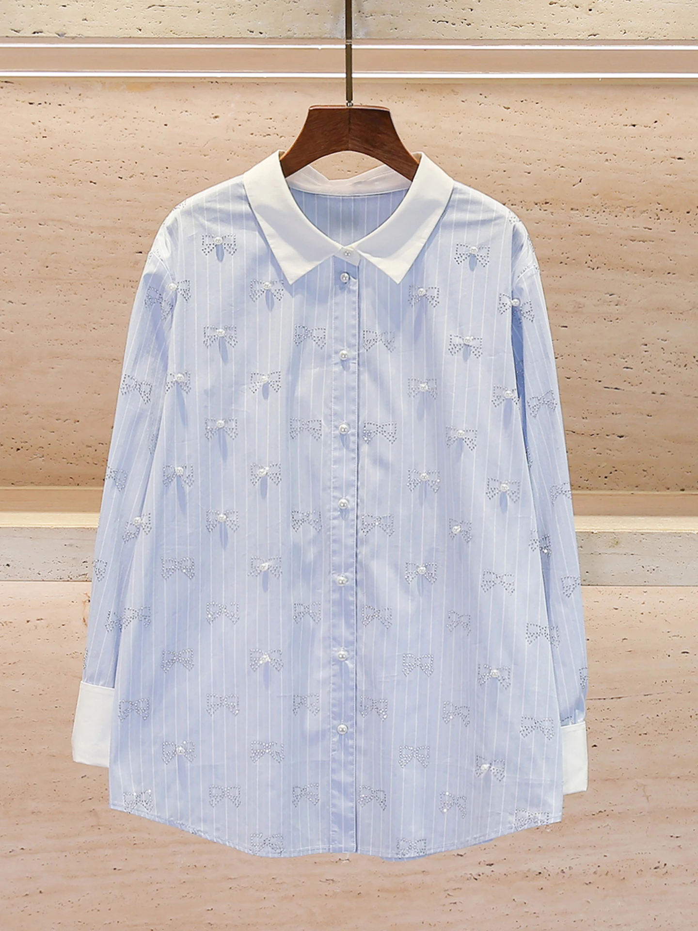 

Sweet Embellished Knot Shirt Top with Rhinestones Stripes by Nanyou for Women Summer 2026 Commute Style Loose Fit