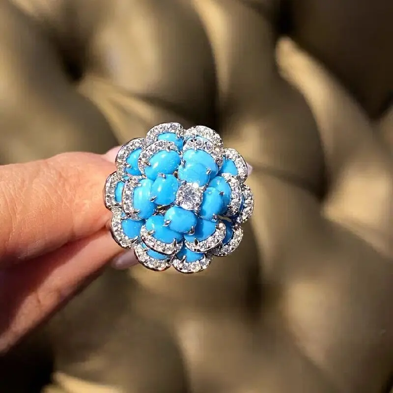 

ARIGAYA 925 Sterling Silver Synthetic Blue Turquoise Camellia Ring Fashion Jewelry For Women