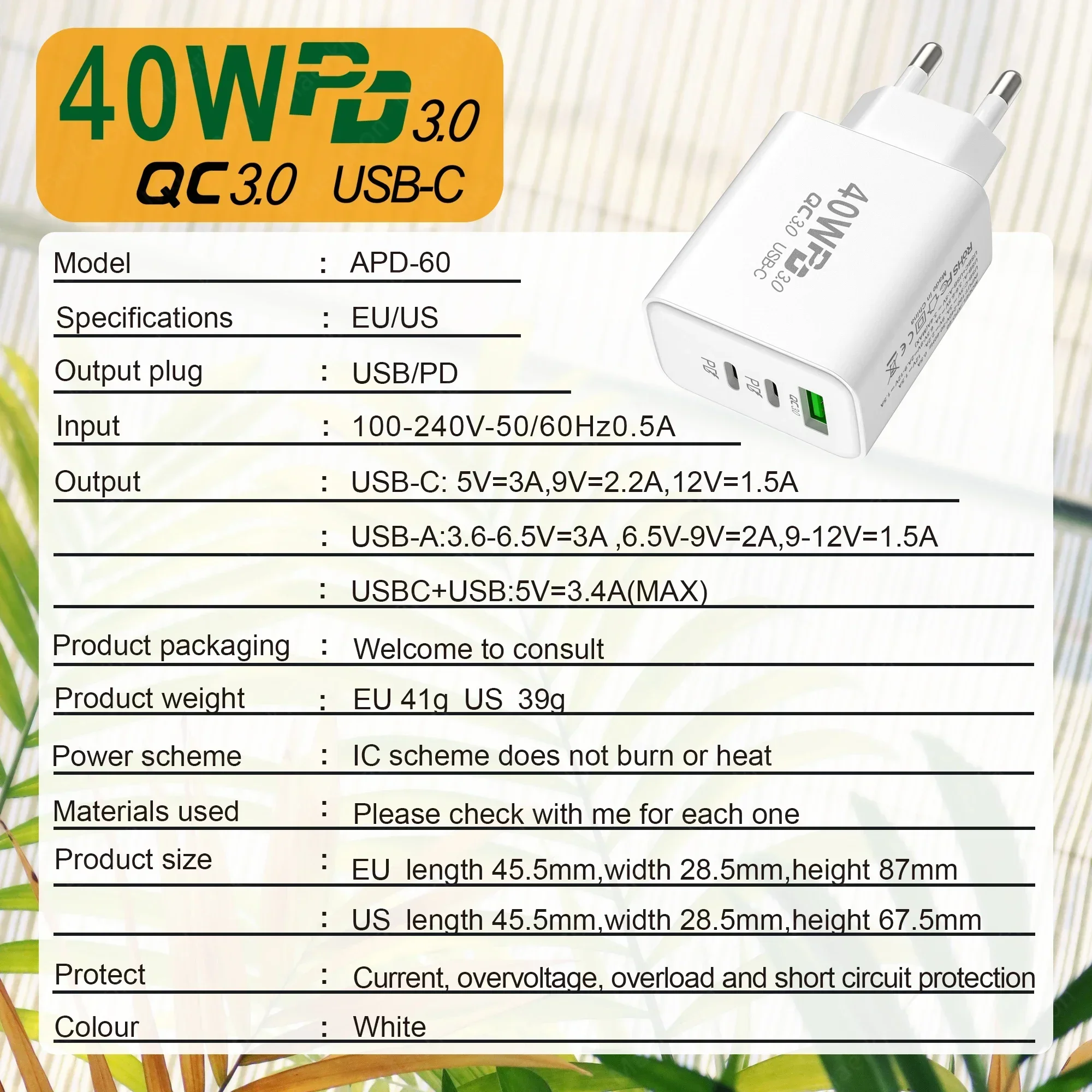 PD 40W 3Port USB C Fast Charging Charger QC3.0 USB C Phone Charger Wall Adapter for iPhone Xiaomi Huawei Samsung EU/US/UK Plug