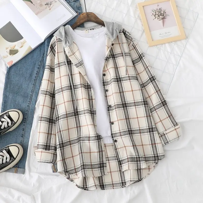 

Preppy Style Long Sleeve Loose Plaid Blouse Spring Autumn Hooded All-match Lazy Style Shirt Tops Fashion Casual Women Clothing