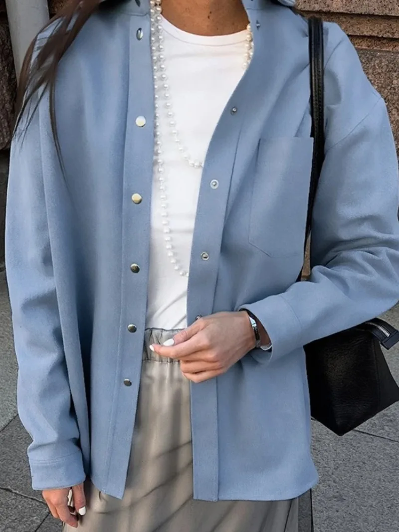 

European and American cotton versatile high-end blue jacket 2025 autumn/winter new item niche simple lazy style long sleeved top