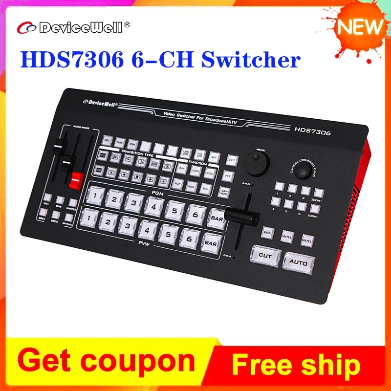 DeviceWell HDS7306 Video Switcher 4 SDI 6-CH +2 HDMI-Compatible Input with Record Chroma Key USB 3.0 UVC Streaming