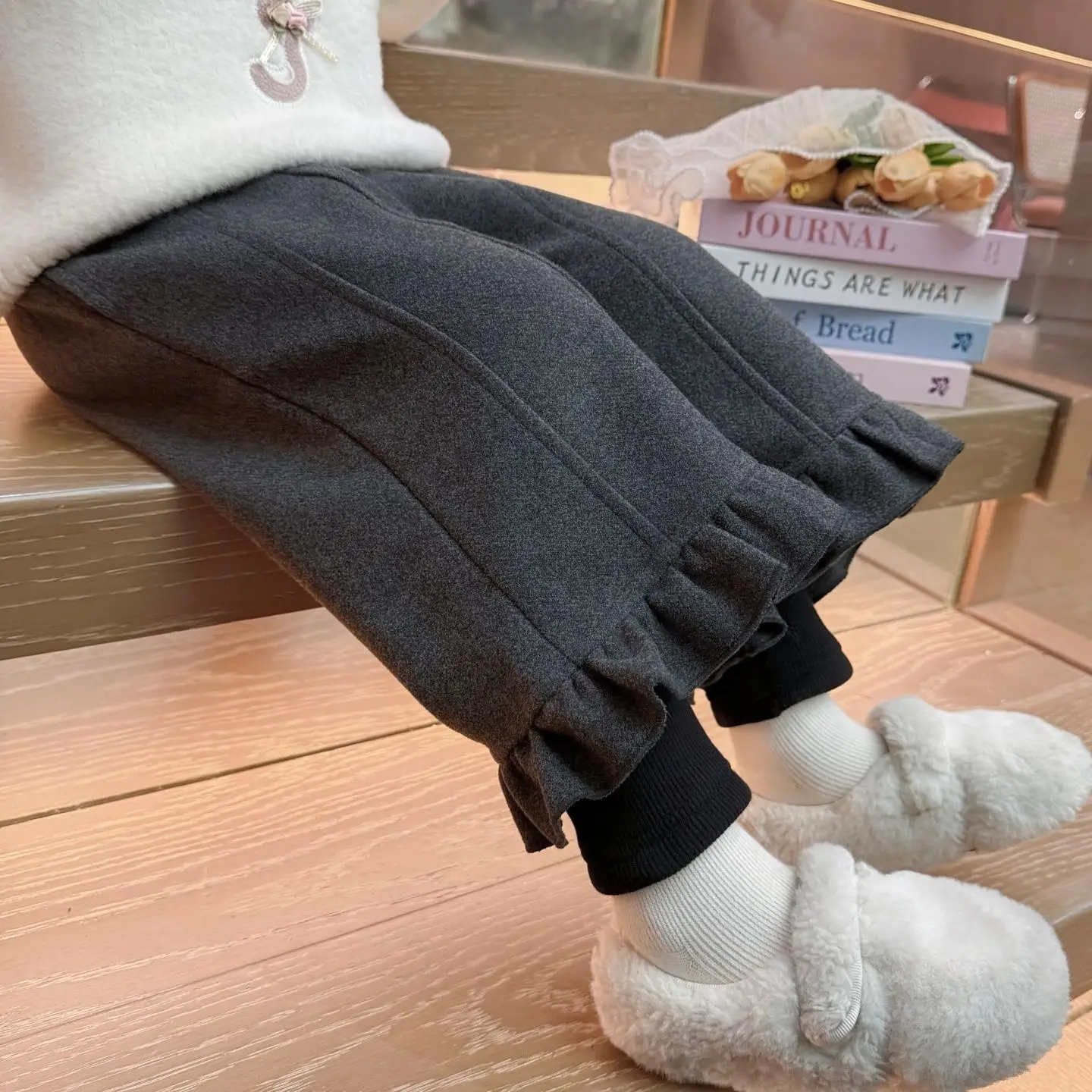 

Детские бархатные брюки до щиколотки для девочек, Новое поступление 2025 года, детские повседневные свободные широкие брюки, осенне-зимние толстые кружевные искусственные брюки из двух предметов