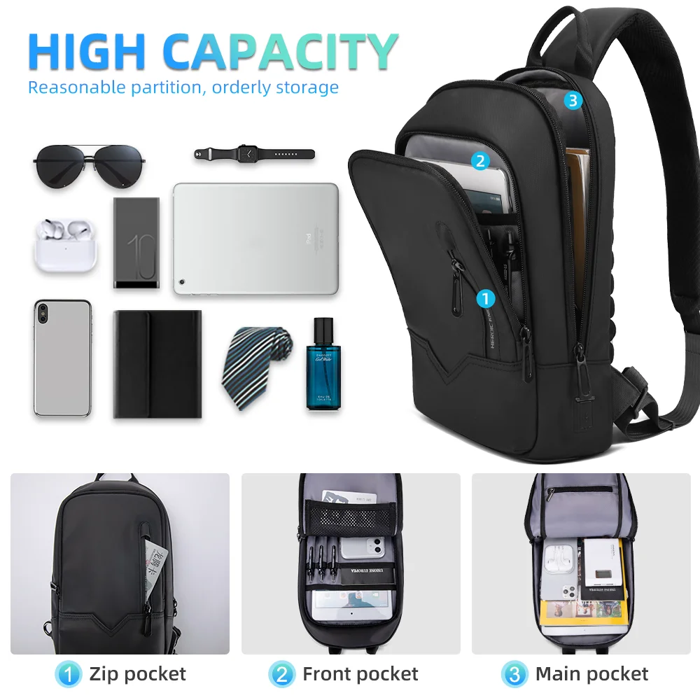 Heroic Knight Men’s Chest Bag Waterproof Short Trip Male Crossbody Bag Packs With USB Charging Port Multifuctional Shoulder Pack