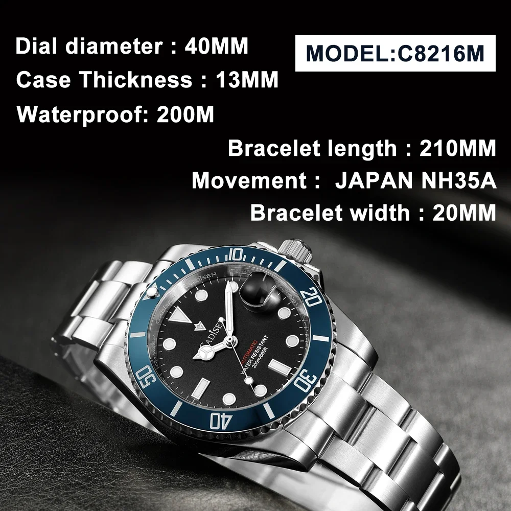 CADISEN New Men Automatic Mechanical Watches NH35A Movement Stainless Steel Sapphire Glass Waterproof Men Watches Reloj Hombre