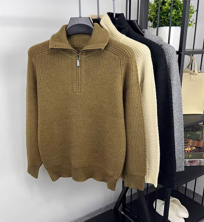 High quality luxury 2024 autumn and winter fashion new trend solid color lapel men's sweater casual warm thick  knit  pullover