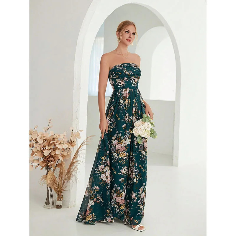 カジュアルな休日の花柄プリント、女性用ラウンドネックシルクイブニングガウン、ミッドウエストストレートフィット、ファッショナブルなパーティウェア