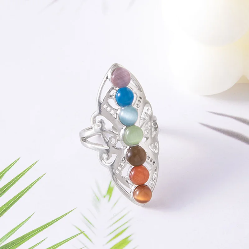 Indian 7 Chakra Ring Healing Gemstone Stone Adjustable Rings For Women Yoga Meditation Jewelry