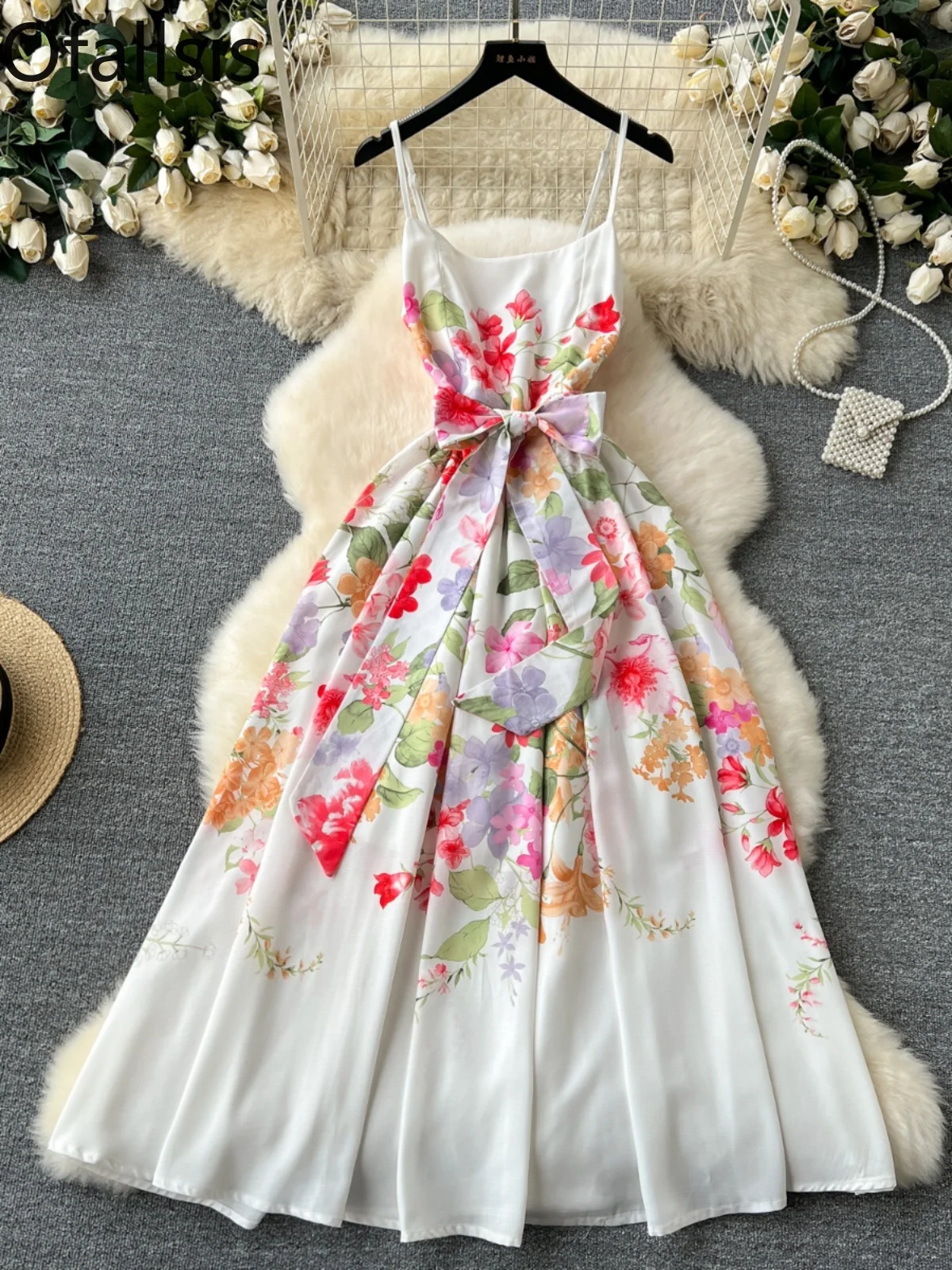 Ofallsis French Style Floral Printed Holiday Dress 2024 Summer New Waist Slim Straps Slimming Temperament Suspender Long Dresses