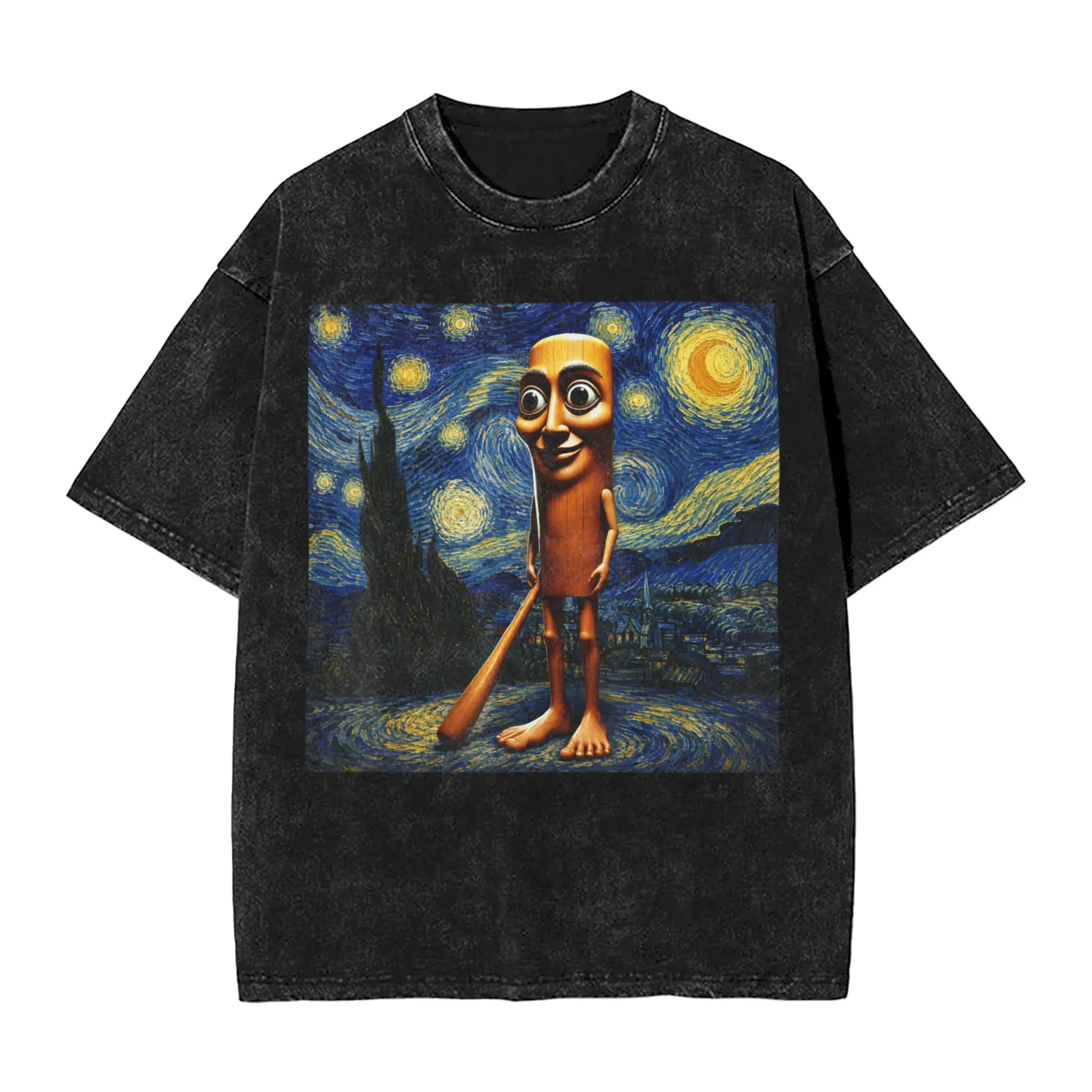 Vintage Tung Tung Tung Sahur Starry Night T-Shirts for Men O Neck Cotton Washed T Shirts  Short Sleeve Tees Plus Size Clothing