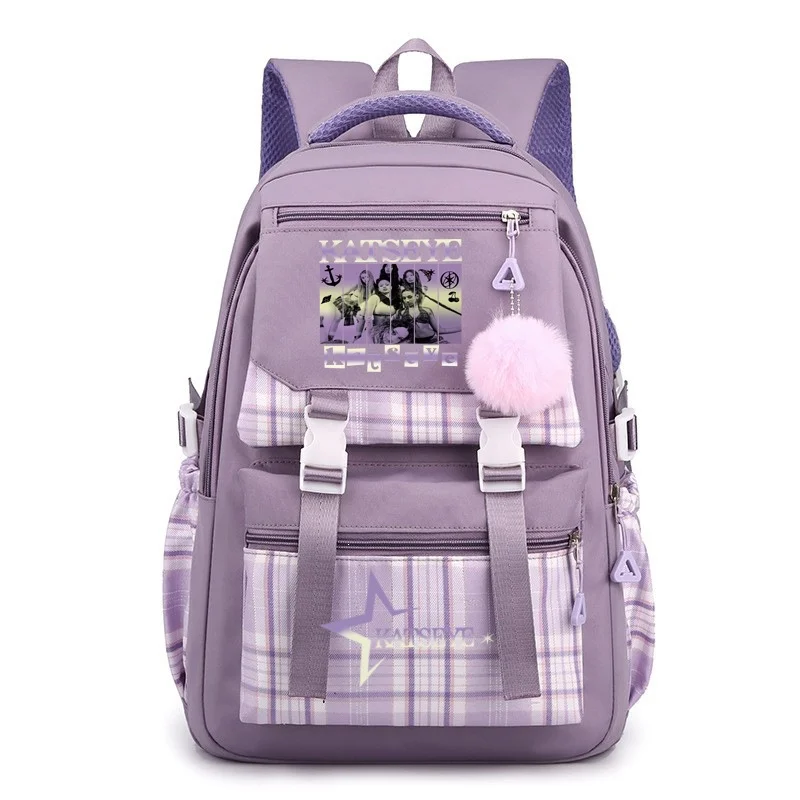 Retro Girl Portrait Star Logo Print Men Women Checkered Backpack Multi Layer Storage Side Mesh Pocket Student Girls Schoolbags