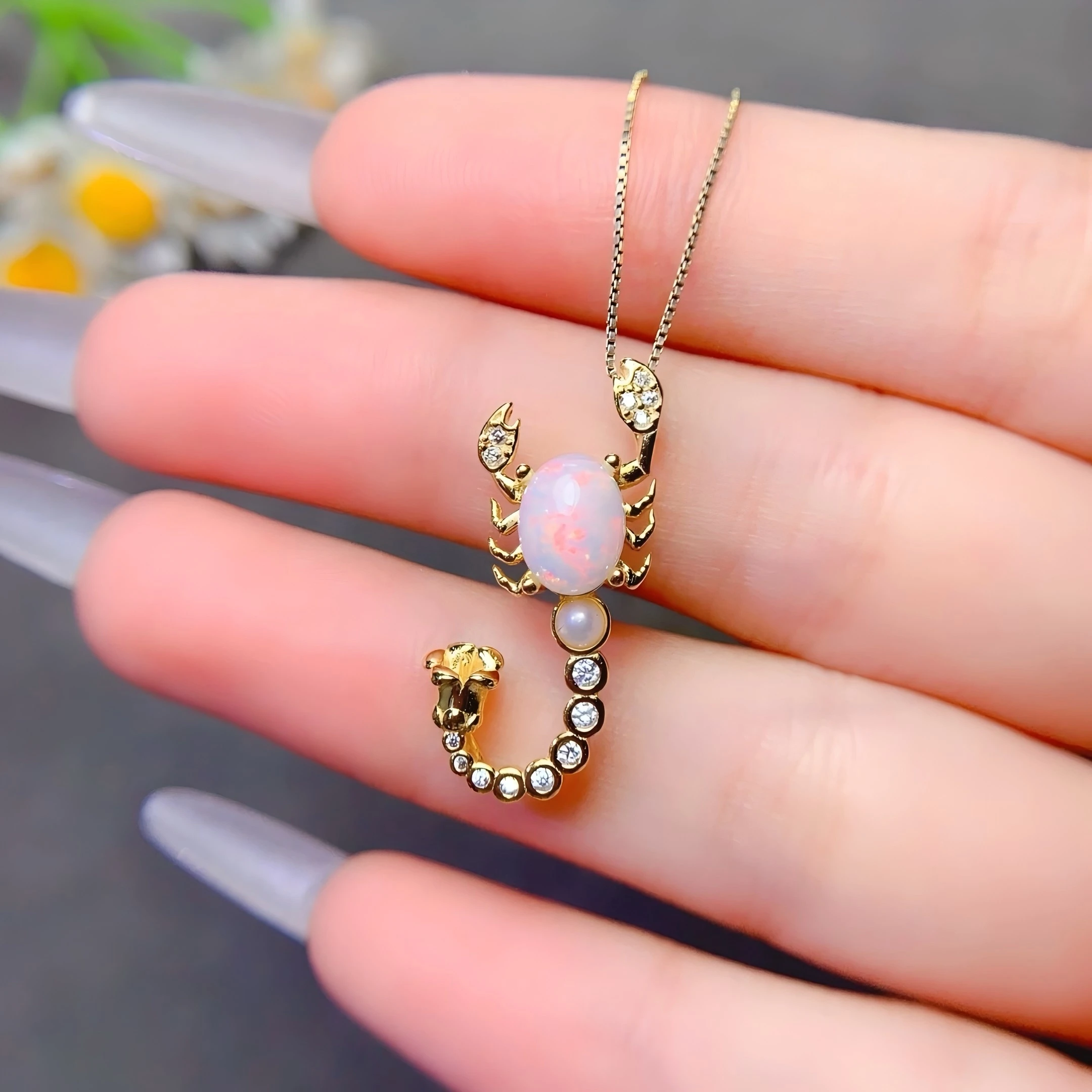 

6*8mm Natural Opal Pendant Necklace S925 Sterling Silver Certificate Fine Fashion Scorpion Design Charm Jewelry for Women FS