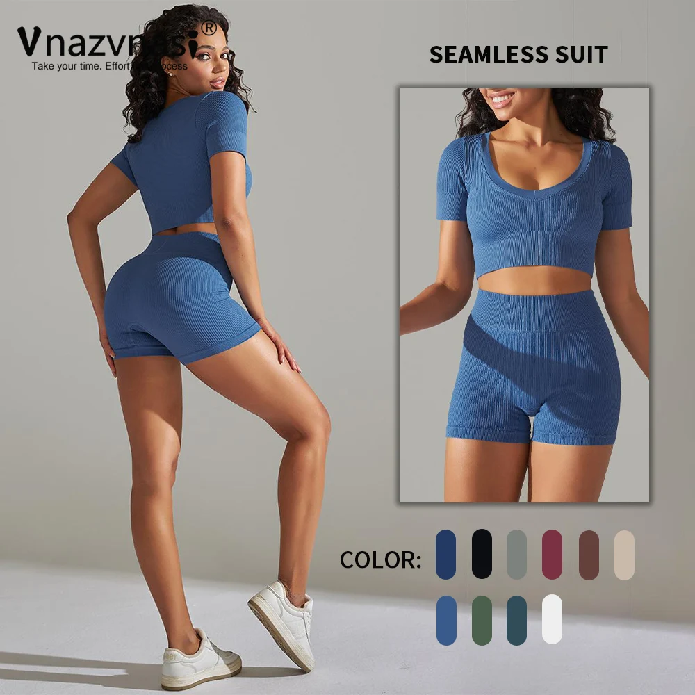 

Vanzvansi 2 Pieces Seamless Suit for Fitness Ribbed Short T-shirt High Waist Shorts Workout Clothes Sportswear woman Gym Outfit