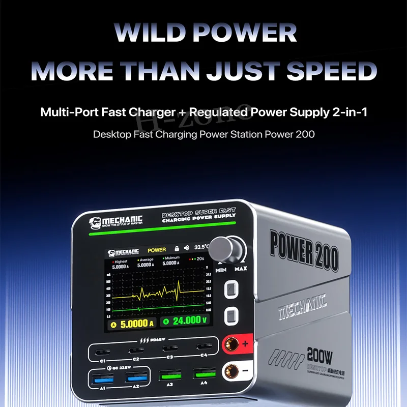 stazione-di-ricarica-super-veloce-da-tavolo-mechanic-g-power-200-nitride-gallium-multiporta-con-display-della-potenza-in-tempo-reale-e-ricarica-wireless