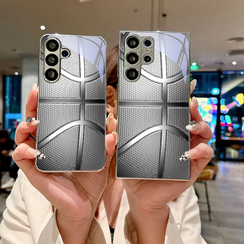 Basketball Texture Electroplated Silver Phone Case For Samsung Note 10 20 A06 A07 A12 A13 A14 A15 A16 A17 A22 A23 25 Glass Cover