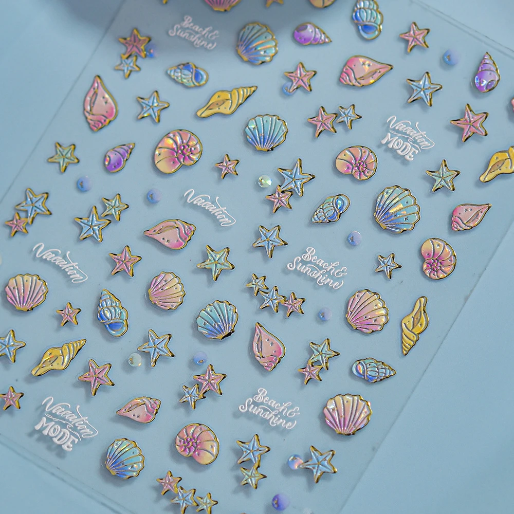 Blase Goldfisch 5D Nail Art Aufkleber glänzende Perlglanz Muschel Glow Unterwasser selbstklebende verträumte Ozean Thema Maniküre Aufkleber